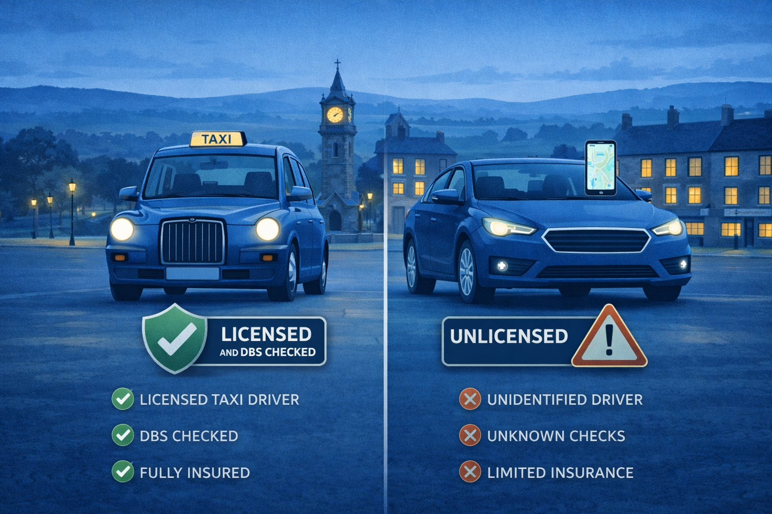 Local licensed taxi versus app-based rideshare illustration